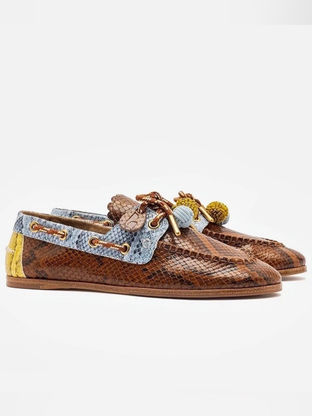 Larroudé Cyprus Boat Shoe In Oud, Maya and Lemonade Python Embossed Leather, Sz6